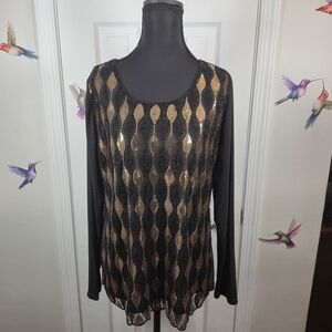 My Way Scoop Neck Black & Gold Sequin Beaded Statement Blouse Art Deco Vibe
